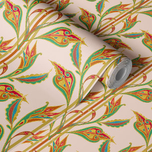 Fantasy Vine of red, green, gold leaves on blush Wallpaper