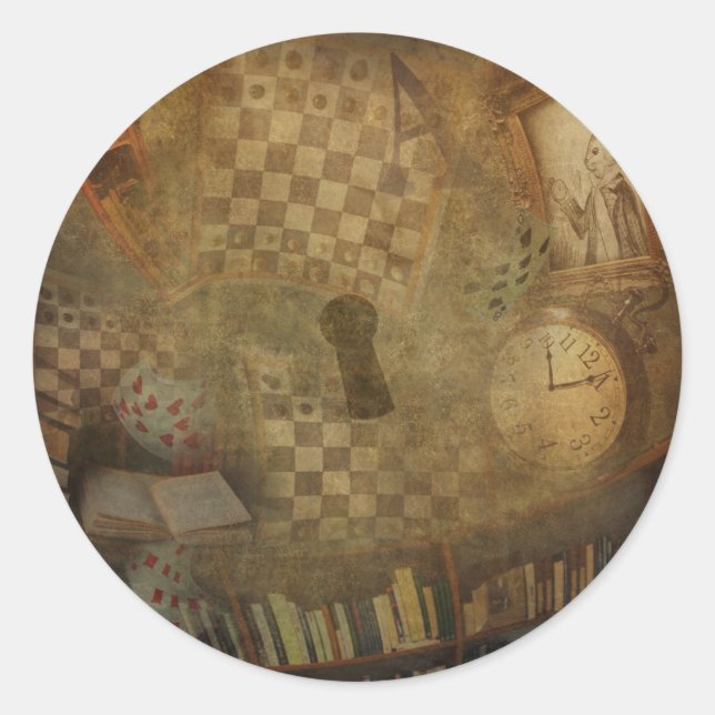 Fantasy Vintage Alice in Wonderland Birthday Party Classic Round Sticker (Front)