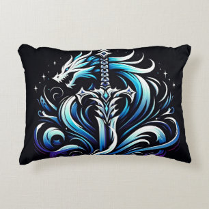Fantasy Warrior Mystic Dragon Sword Flame Accent Pillow