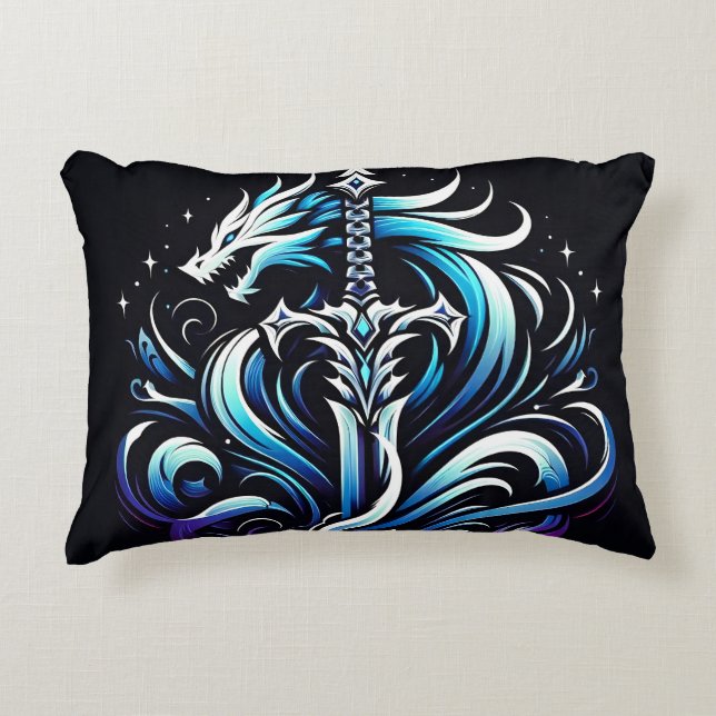 Fantasy Warrior Mystic Dragon Sword Flame Accent Pillow (Front)