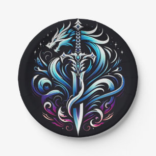 Fantasy Warrior Mystic Dragon Sword Flame Paper Plate