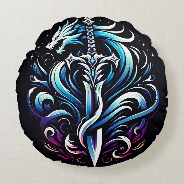 Fantasy Warrior Mystic Dragon Sword Flame Round Pillow (Front)