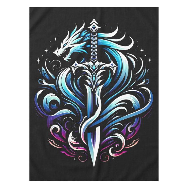 Fantasy Warrior Mystic Dragon Sword Flame Tablecloth (Front)
