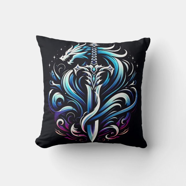 Fantasy Warrior Mystic Dragon Sword Flame Throw Pillow (Front)
