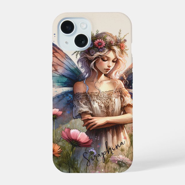 Fantasy Watercolor Fairy with Personalized Name iPhone 15 Case (Back)
