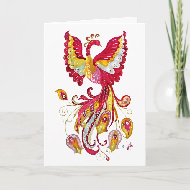 Fantasy Watercolor Firebird or Red Phoenix Bird Card (Front)