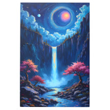 Fantasy Waterfall Landscape with Cherry Trees