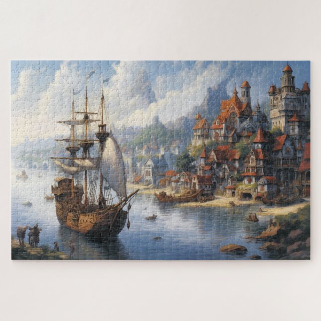 Fantasy Waterfront Village & Ship Jigsaw Puzzle (Horizontal)