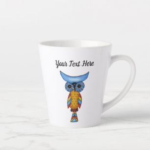 Fantasy Whimsical Owl Blue Head Colourful Feathers Latte Mug