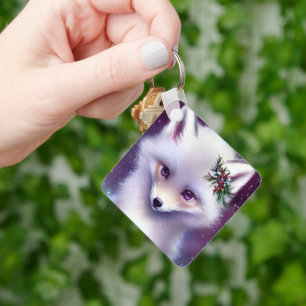 Fantasy White Baby Fox with Lavender Eyes Keychain