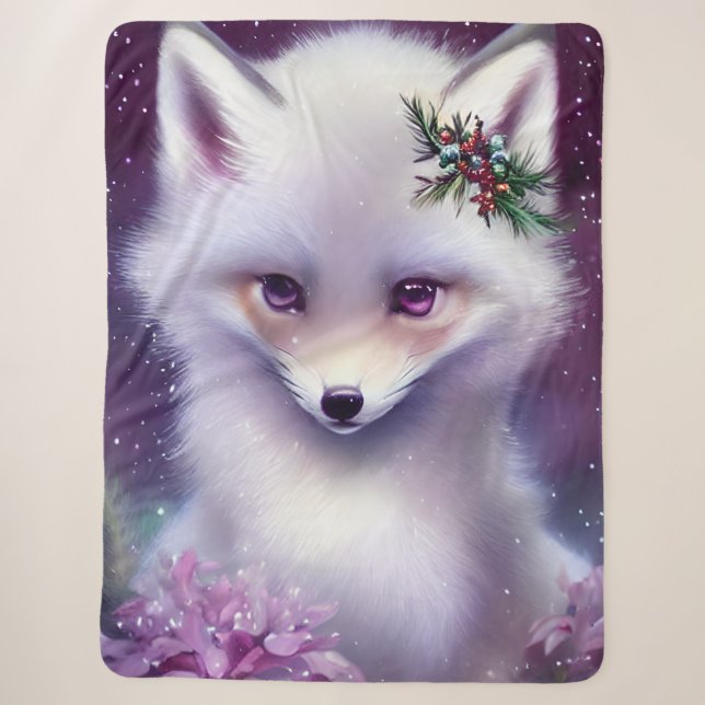 Fantasy White Baby Fox with Lavender Eyes Sherpa Blanket (Front)