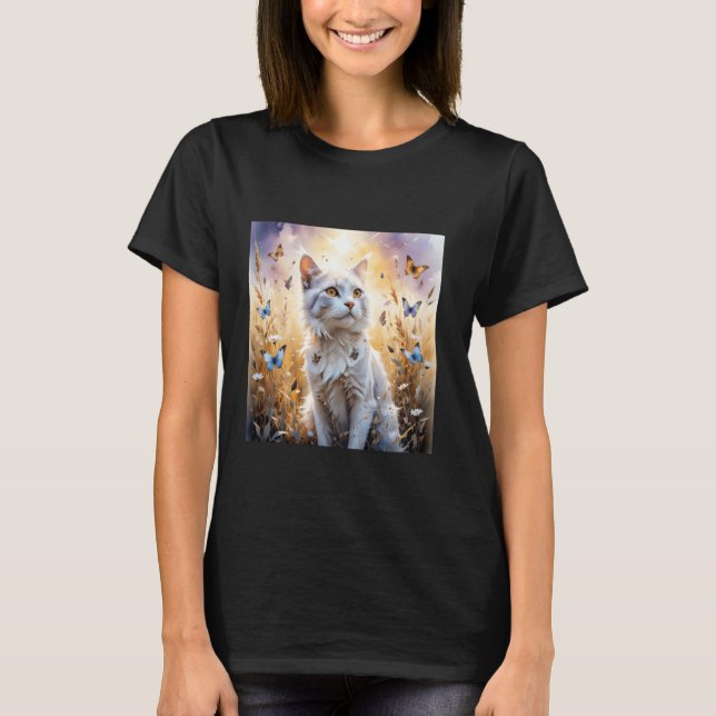 Fantasy White Cat Butterflies T-Shirt (Front)