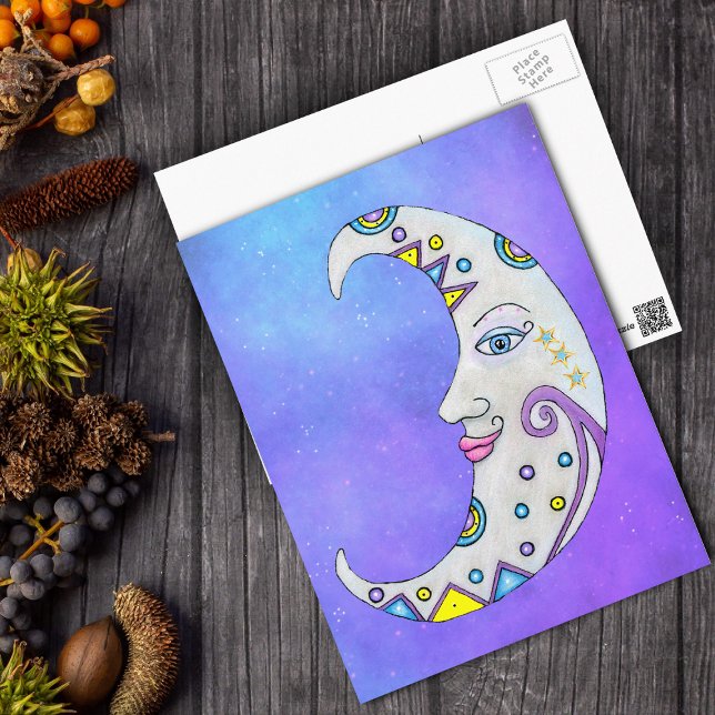 Fantasy White Crescent Moon Colourful Markings Postcard (Fancy fantasy white crescent moon colourful decorations with pretty face on purple sky postcard.)