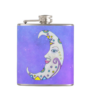 Fantasy White Decorated Crescent Moon Bright Colou Hip Flask