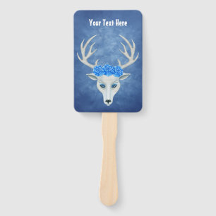 Fantasy White Deer Head Mysterious Face Blue Roses Hand Fan