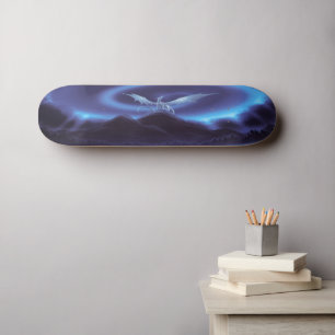 Fantasy White Dragon On Blue Mountain Skateboard