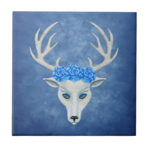 Fantasy White Head of a Deer Antlers Roses Blue Tile