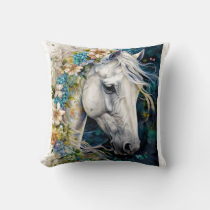 Fantasy White Horse decorated with flowers   Throw Pillow