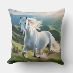 Fantasy White Horse Running In The Valley. Throw Pillow