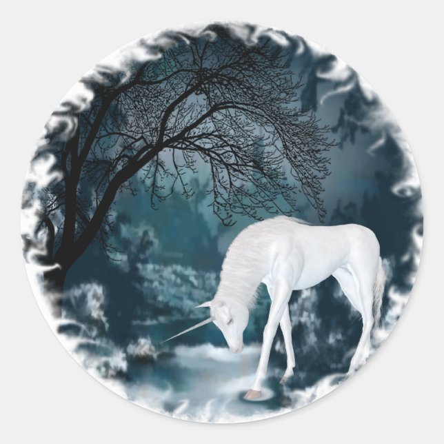 Fantasy White Unicorn in Forest Mythology Art Classic Round Sticker (Front)