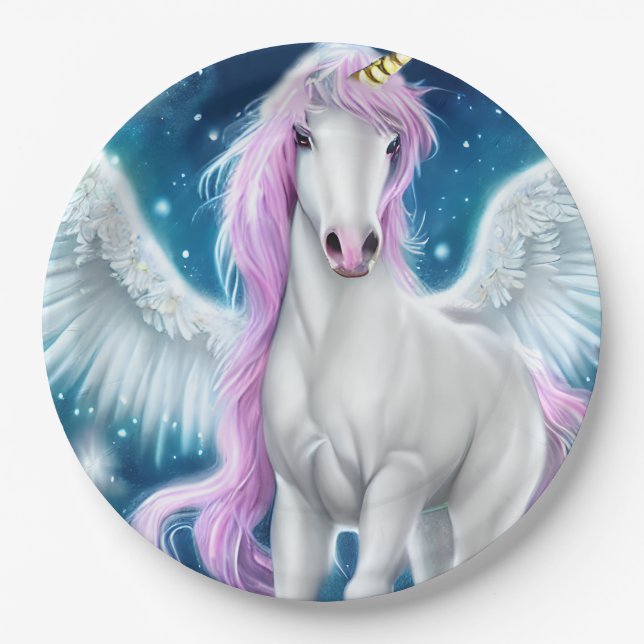 Fantasy Winged Unicorn with Pink Hair  Paper Plate (Front)