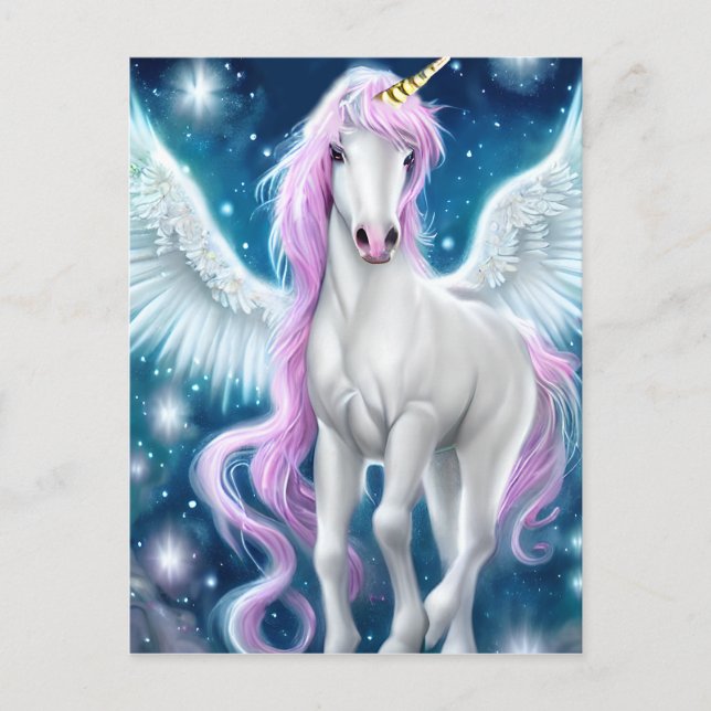 Fantasy Winged Unicorn with Pink Hair  Postcard (Front)