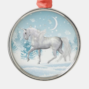 Fantasy Winter Pegasus Unicorn In Snow Metal Ornament