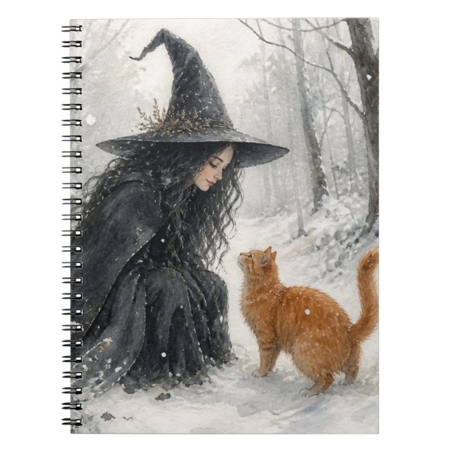 Fantasy Witch and Ginger Cat in Winter Forest Notebook (Front)