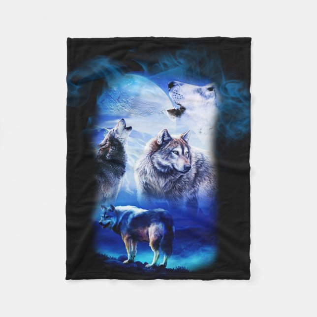 Fantasy Wolf Moon Mountain Fleece Blanket (Front)