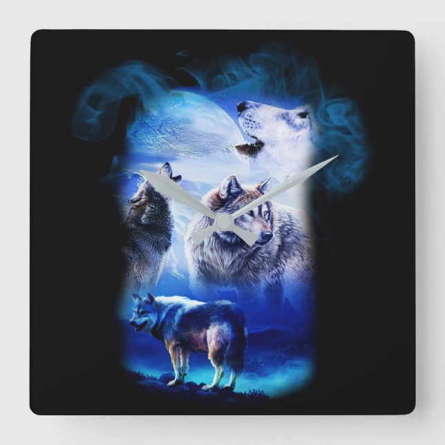 Fantasy Wolf Moon Mountain Square Wall Clock (Front)