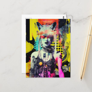 Fantasy Woman and Animals Colourful Collage Postcard