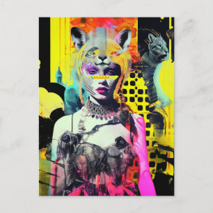 Fantasy Woman and Animals Colourful Collage Postcard