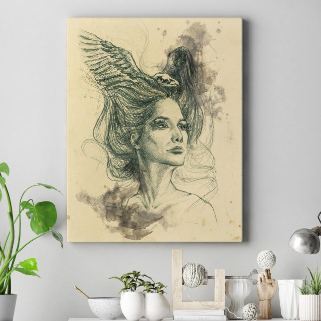 Fantasy Woman portrait Bird skull Wings Surreal Canvas Print (Creator Uploaded)