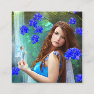 Fantasy Women Fairy Portrait with Blue Flowers and Square Business Card