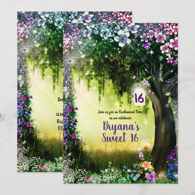 Fantasy Woodland Enchanted Glow Forest Sweet 16 Invitation (Front/Back)