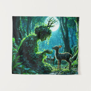 Fantasy woodland goddess and gentle deer art tapestry