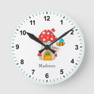 Fantasy Woodland Mushroom House Bumble Bee Nursery Round Clock