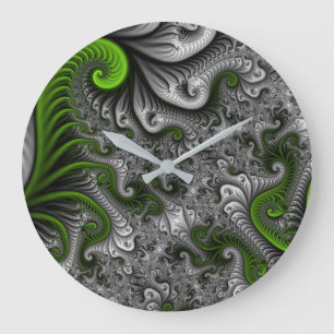 Fantasy World Green And Gray Abstract Fractal Art Large Clock