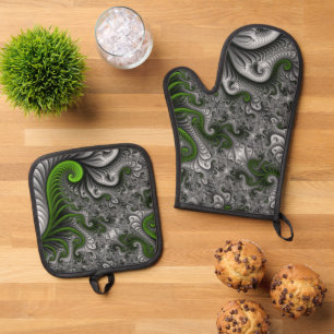 Fantasy World Green And Gray Abstract Fractal Art Oven Mitt & Pot Holder Set