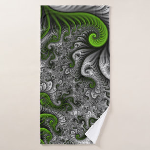 Fantasy World Green And Grey Abstract Fractal Art Bath Towel