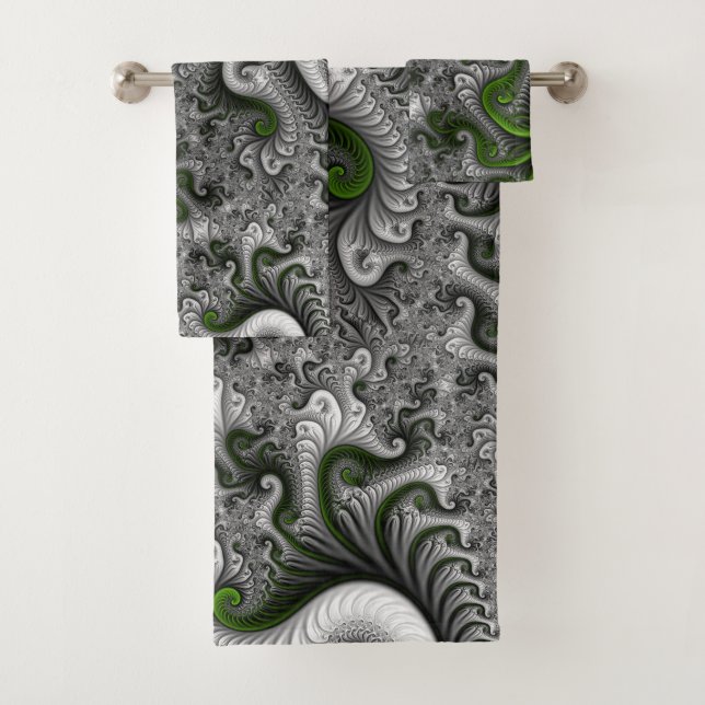 Fantasy World Green And Grey Abstract Fractal Art Bath Towel Set (Insitu)