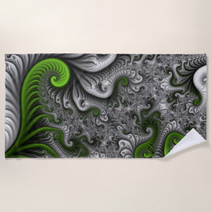 Fantasy World Green And Grey Abstract Fractal Art Beach Towel
