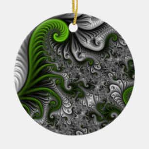 Fantasy World Green And Grey Abstract Fractal Art Ceramic Ornament