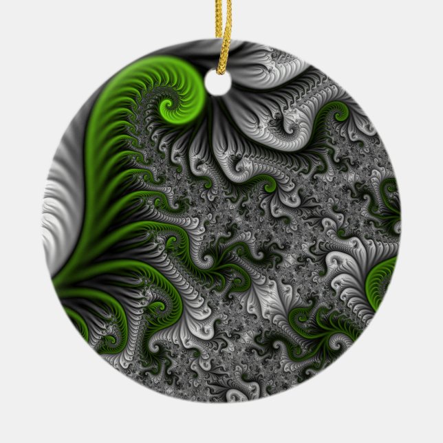 Fantasy World Green And Grey Abstract Fractal Art Ceramic Ornament (Front)