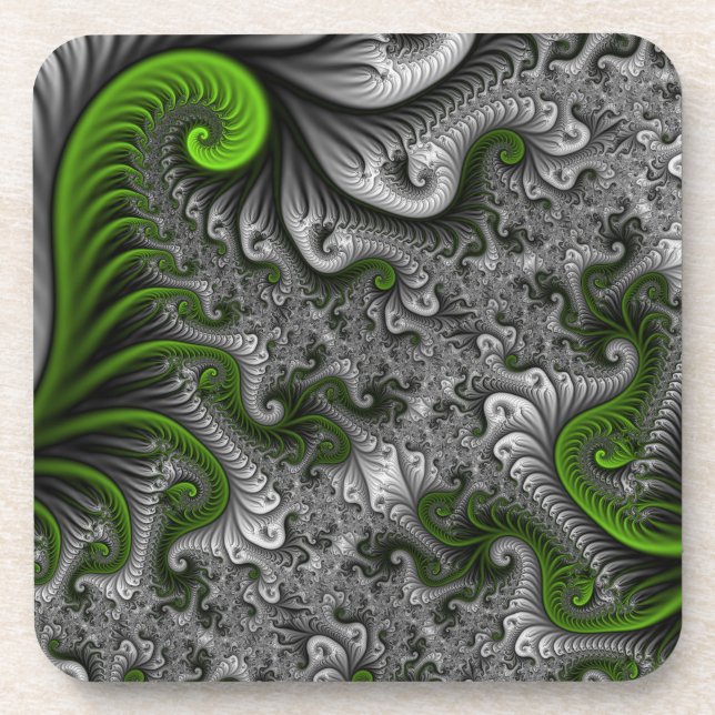 Fantasy World Green And Grey Abstract Fractal Art Coaster (Front)