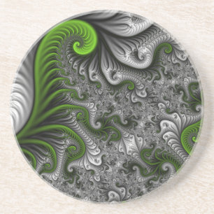 Fantasy World Green And Grey Abstract Fractal Art Coaster