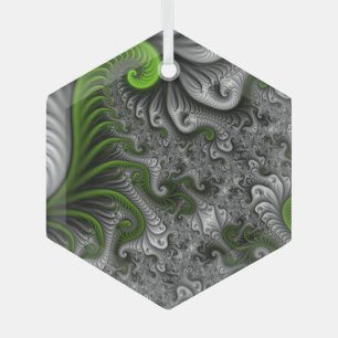 Fantasy World Green And Grey Abstract Fractal Art Glass Ornament