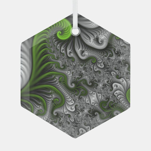 Fantasy World Green And Grey Abstract Fractal Art Glass Ornament (Front)