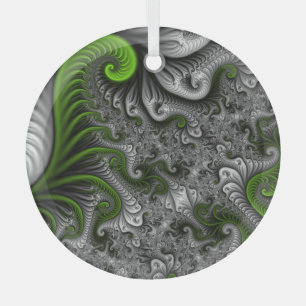 Fantasy World Green And Grey Abstract Fractal Art Glass Ornament