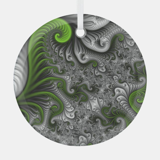 Fantasy World Green And Grey Abstract Fractal Art Glass Ornament (Front)